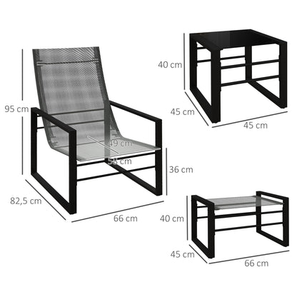 5-Piece Garden Lounge Set with Table and 2-Seater Chair with 2 Armchairs, 2 Footrests, and 1 Table, Black Metal, Gray Mesh Seat