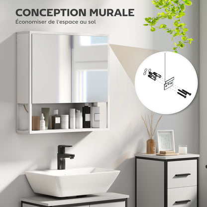 Mirrored Wall Bathroom Cabinet, 60 x 16 x 60 cm (23.6 x 6.3 x 23.6 in) — 2 Mirrored Doors, Adjustable Interior Shelf & Open Shelf, White