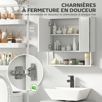 Mirrored Wall Bathroom Cabinet, 60 x 16 x 60 cm (23.6 x 6.3 x 23.6 in) — 2 Mirrored Doors, Adjustable Interior Shelf & Open Shelf, White