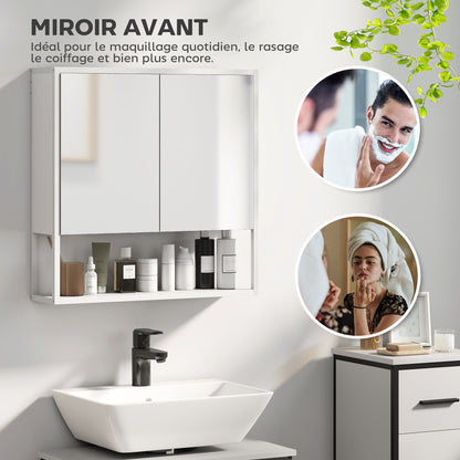 Mirrored Wall Bathroom Cabinet, 60 x 16 x 60 cm (23.6 x 6.3 x 23.6 in) — 2 Mirrored Doors, Adjustable Interior Shelf & Open Shelf, White