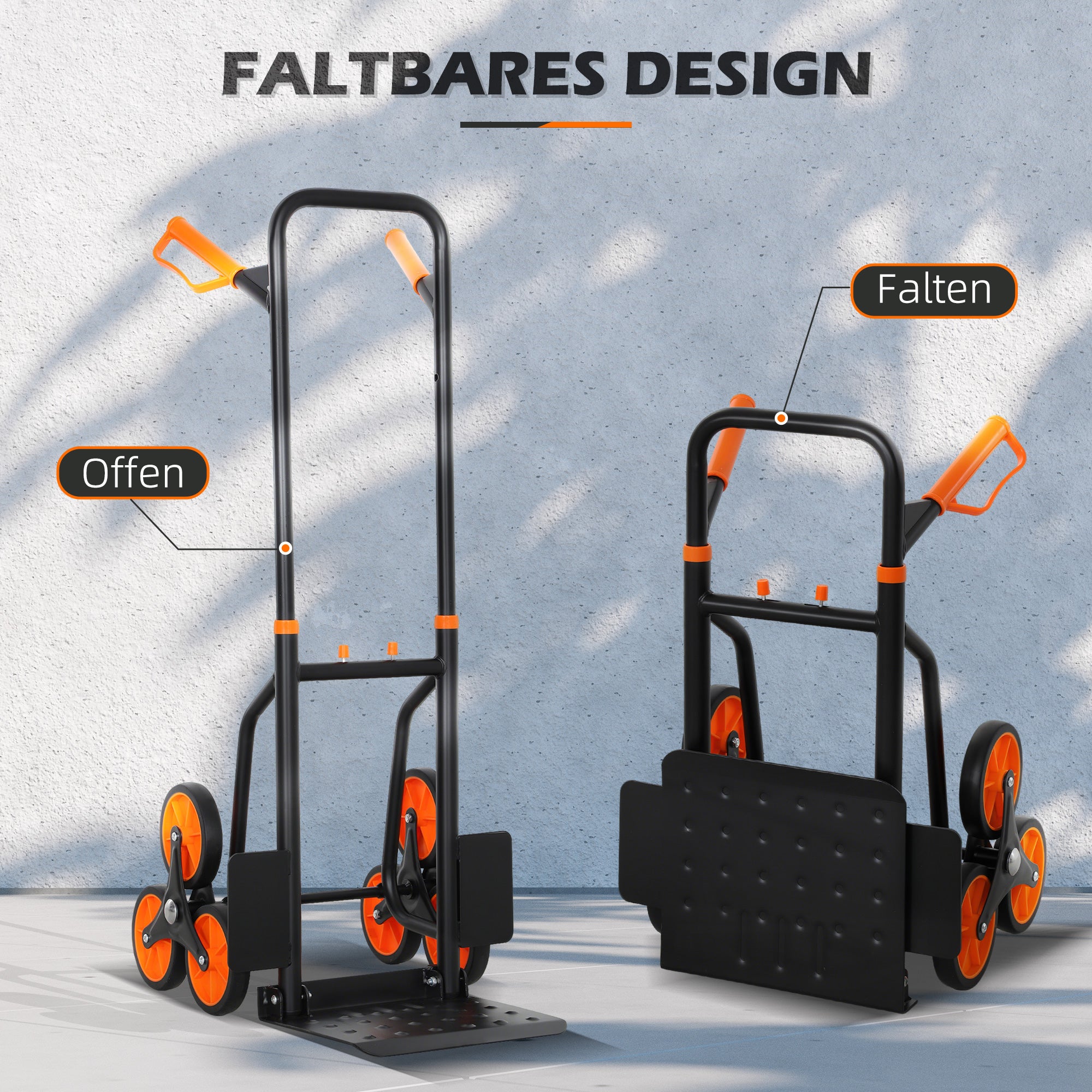 Folding 6-Wheel Stair-Climbing Hand Truck, Steel Frame, 265 lb Capacity, 42 in — Orange