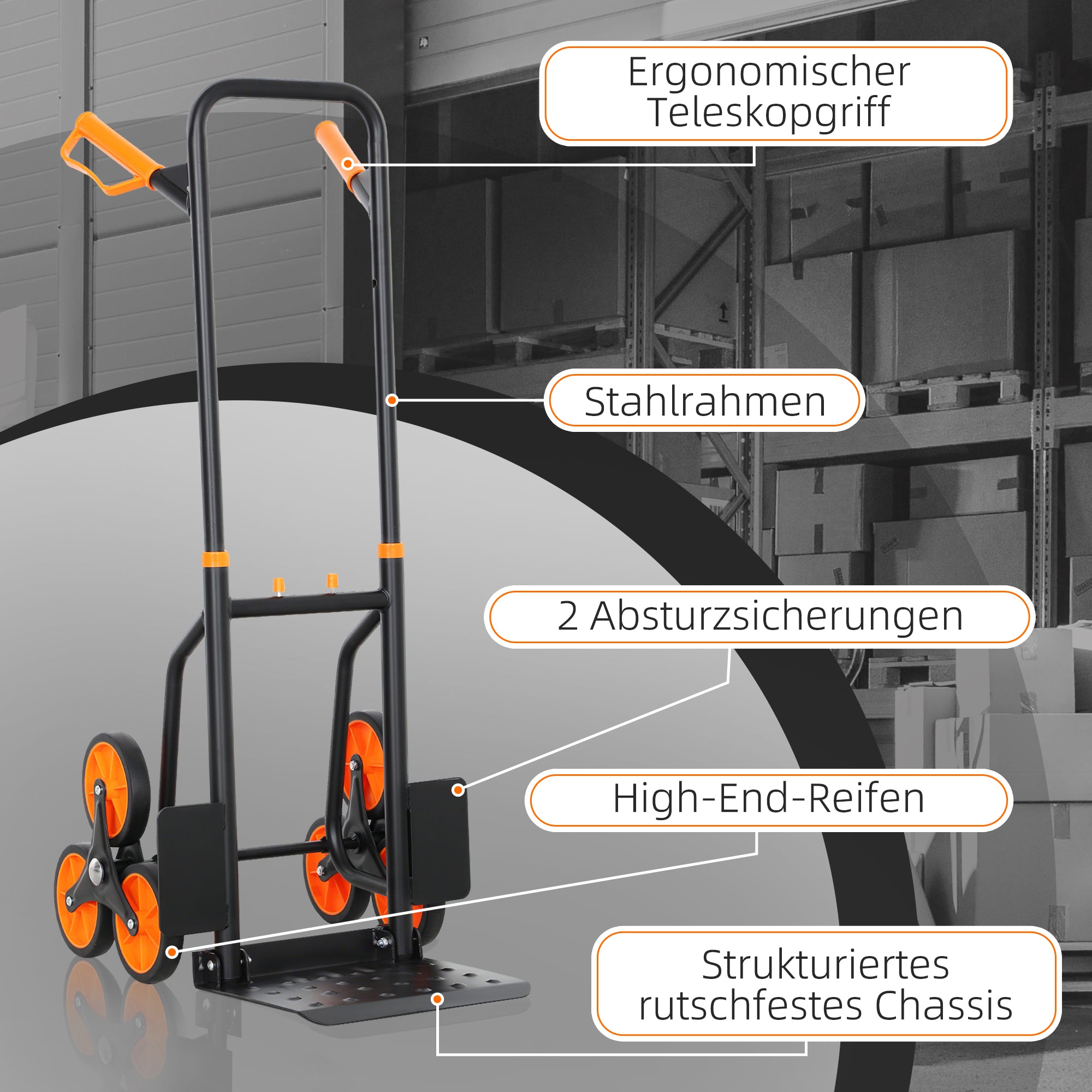 Folding 6-Wheel Stair-Climbing Hand Truck, Steel Frame, 265 lb Capacity, 42 in — Orange