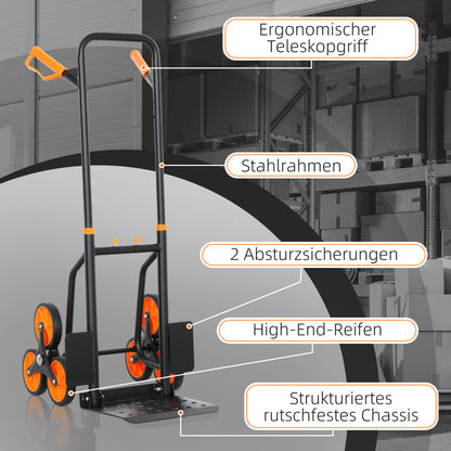 Folding 6-Wheel Stair-Climbing Hand Truck, Steel Frame, 265 lb Capacity, 42 in — Orange