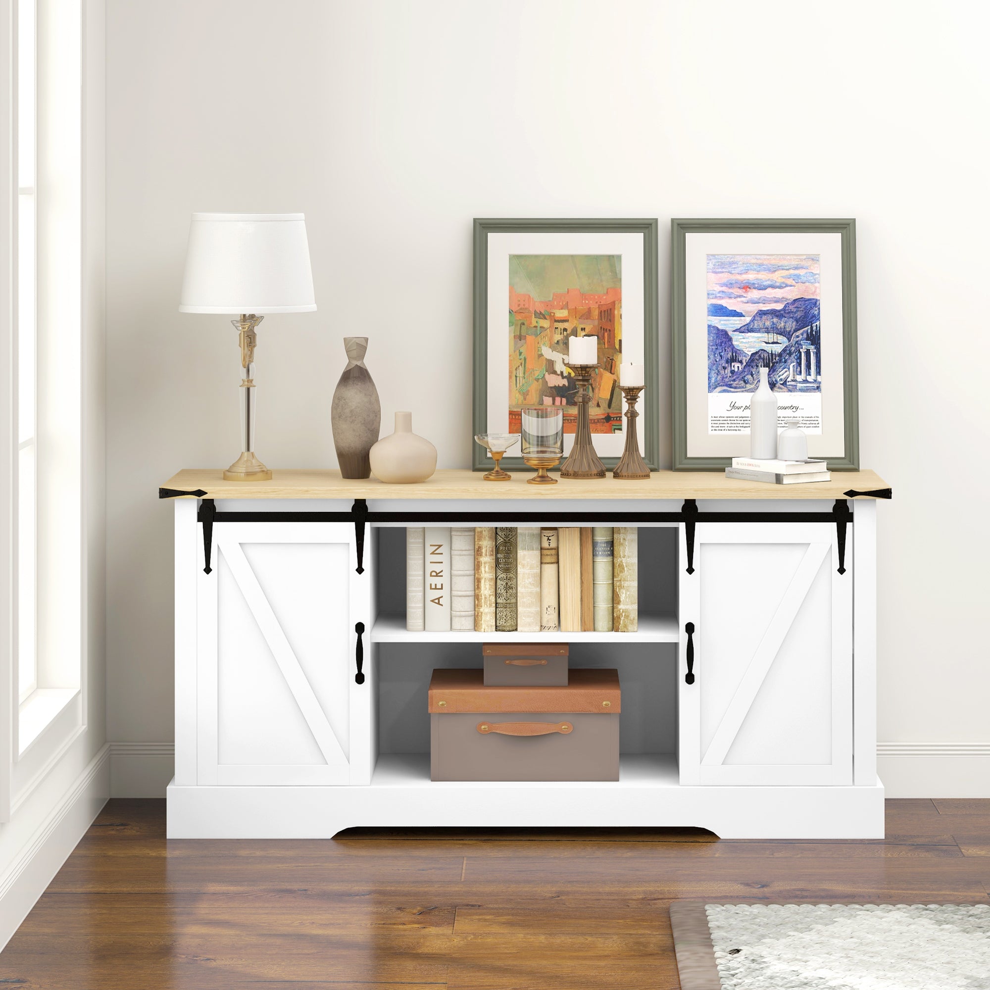 Sideboard, storage cabinet, with 2 sliding doors adjustable shelves, for living room, dining room, hallway, 150L x 40W x 72H cm, in wood, white oak