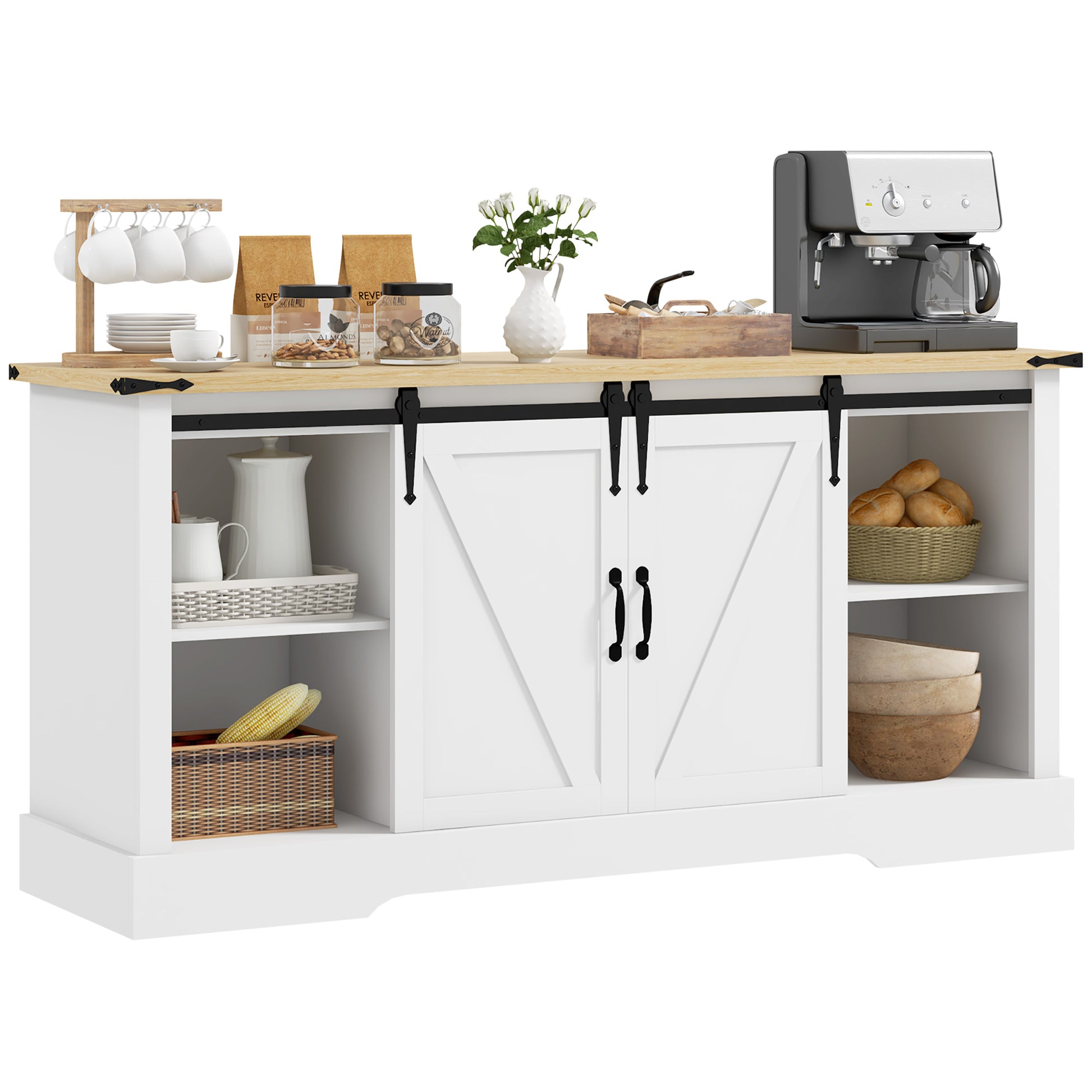 Sideboard, storage cabinet, with 2 sliding doors adjustable shelves, for living room, dining room, hallway, 150L x 40W x 72H cm, in wood, white oak