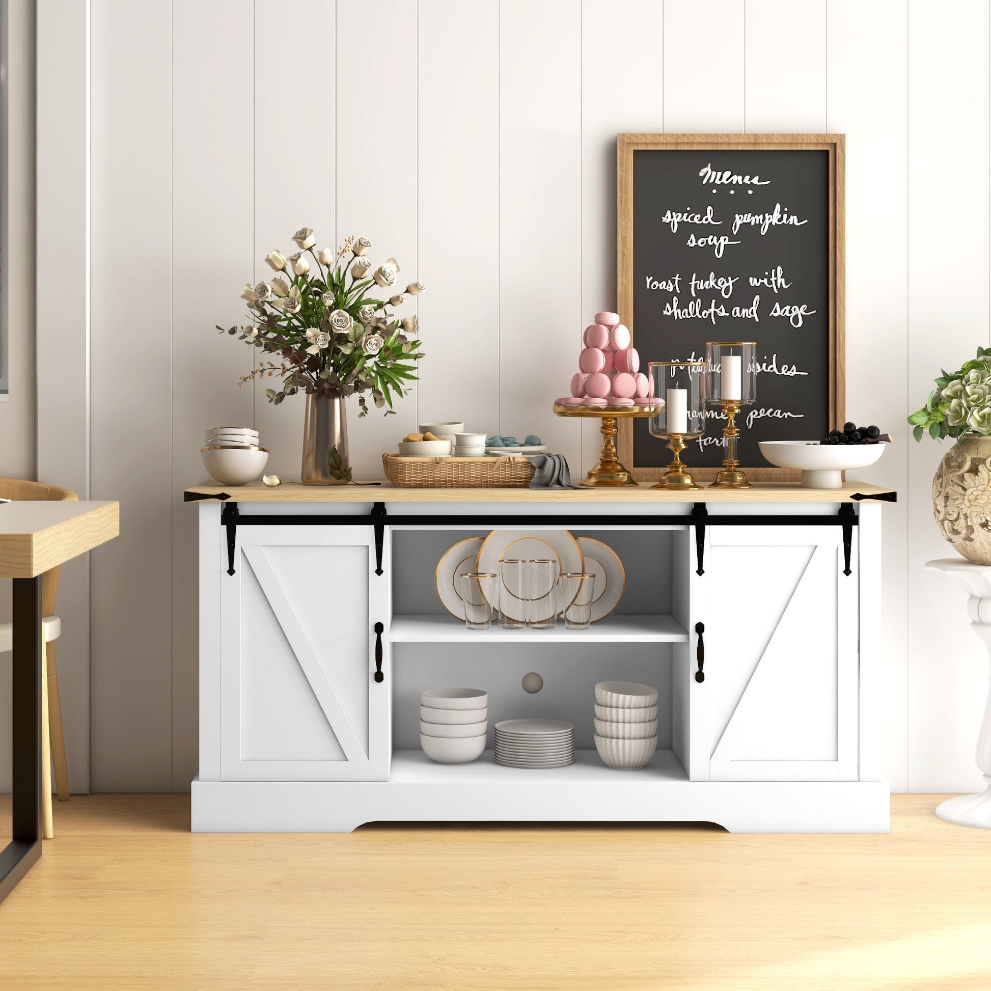 Sideboard, storage cabinet, with 2 sliding doors adjustable shelves, for living room, dining room, hallway, 150L x 40W x 72H cm, in wood, white oak