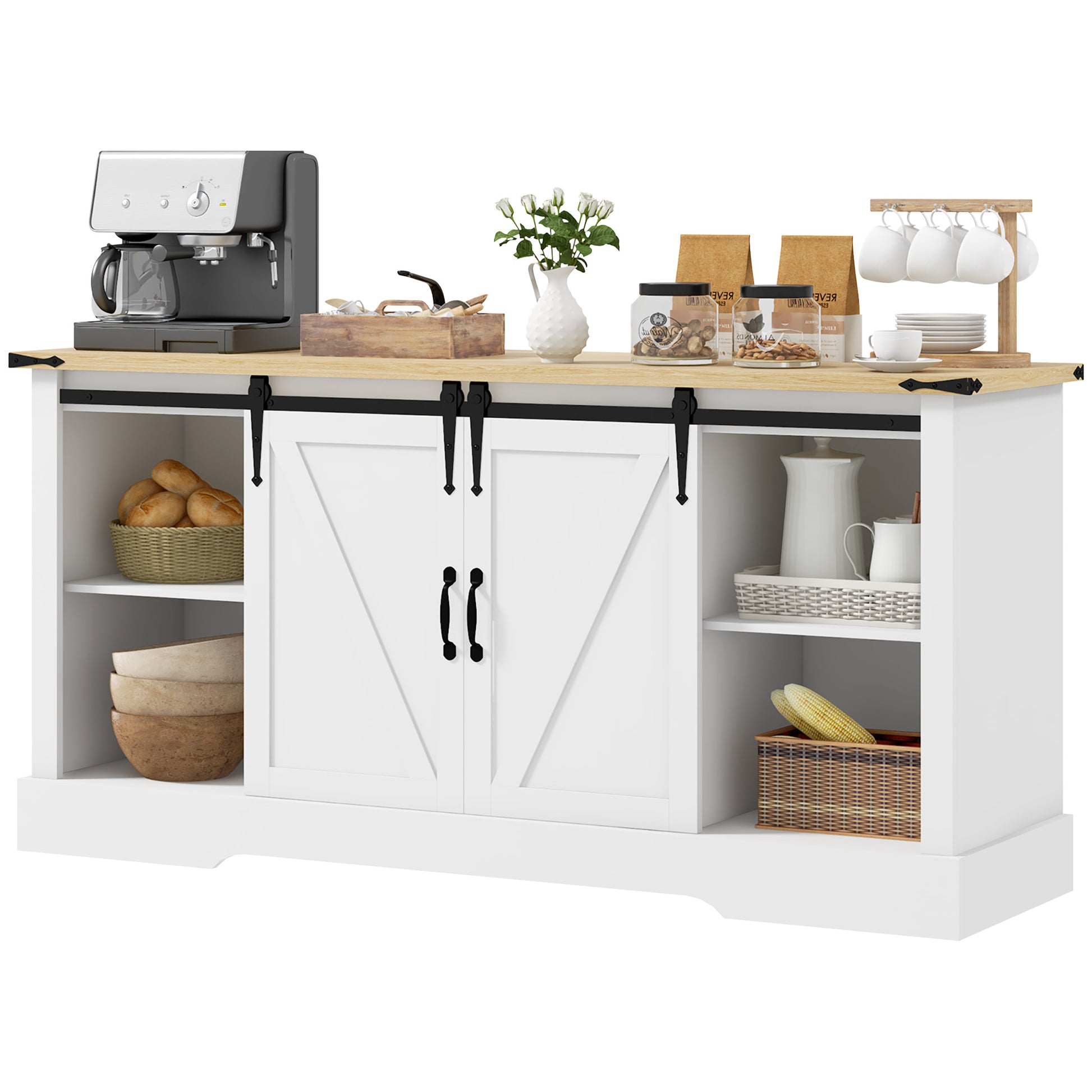 Sideboard, storage cabinet, with 2 sliding doors adjustable shelves, for living room, dining room, hallway, 150L x 40W x 72H cm, in wood, white oak