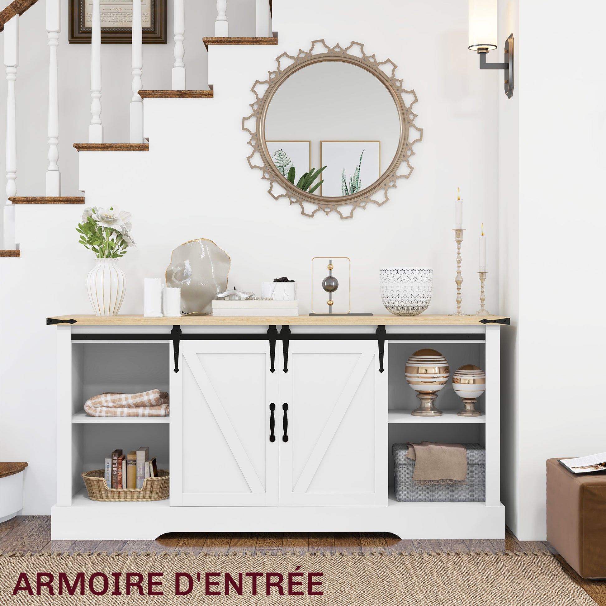 Sideboard, storage cabinet, with 2 sliding doors adjustable shelves, for living room, dining room, hallway, 150L x 40W x 72H cm, in wood, white oak