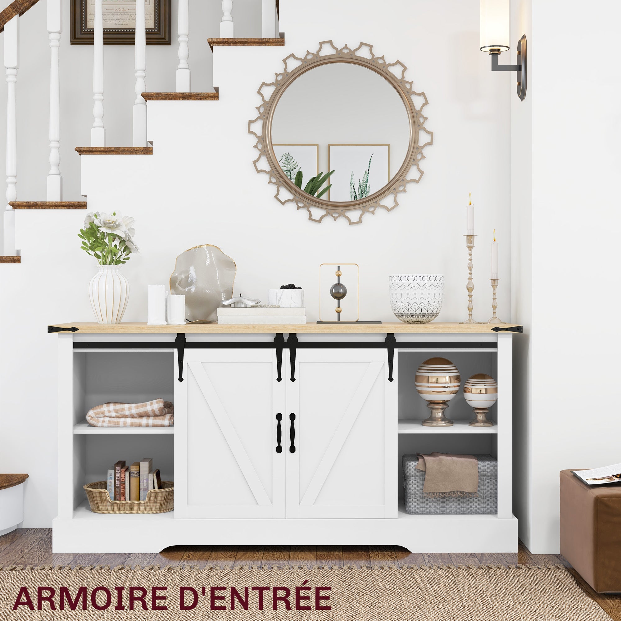 Sideboard, storage cabinet, with 2 sliding doors adjustable shelves, for living room, dining room, hallway, 150L x 40W x 72H cm, in wood, white oak