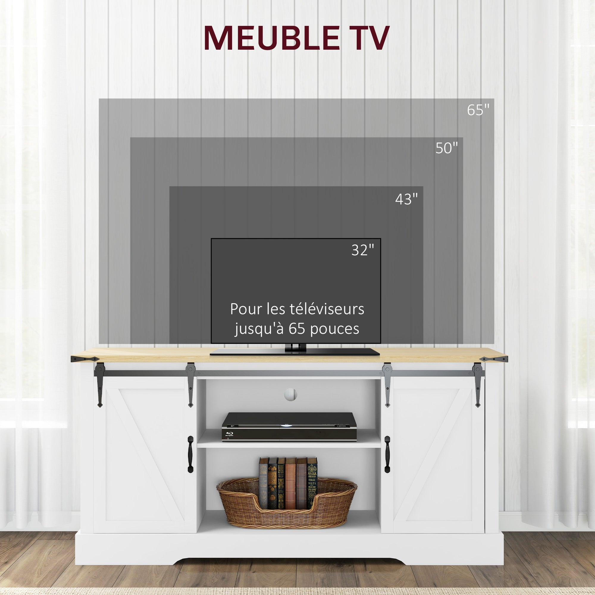 Sideboard, storage cabinet, with 2 sliding doors adjustable shelves, for living room, dining room, hallway, 150L x 40W x 72H cm, in wood, white oak