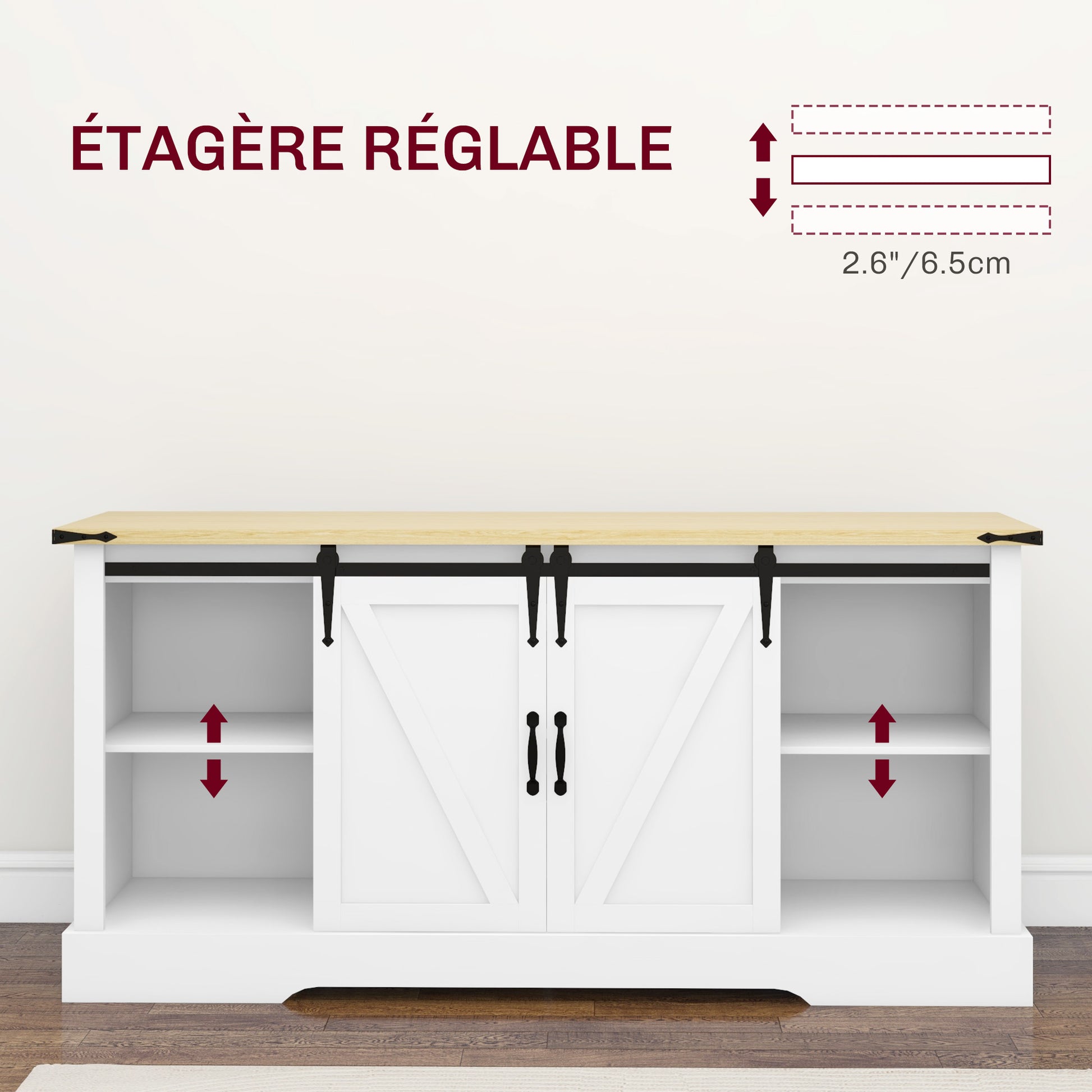 Sideboard, storage cabinet, with 2 sliding doors adjustable shelves, for living room, dining room, hallway, 150L x 40W x 72H cm, in wood, white oak