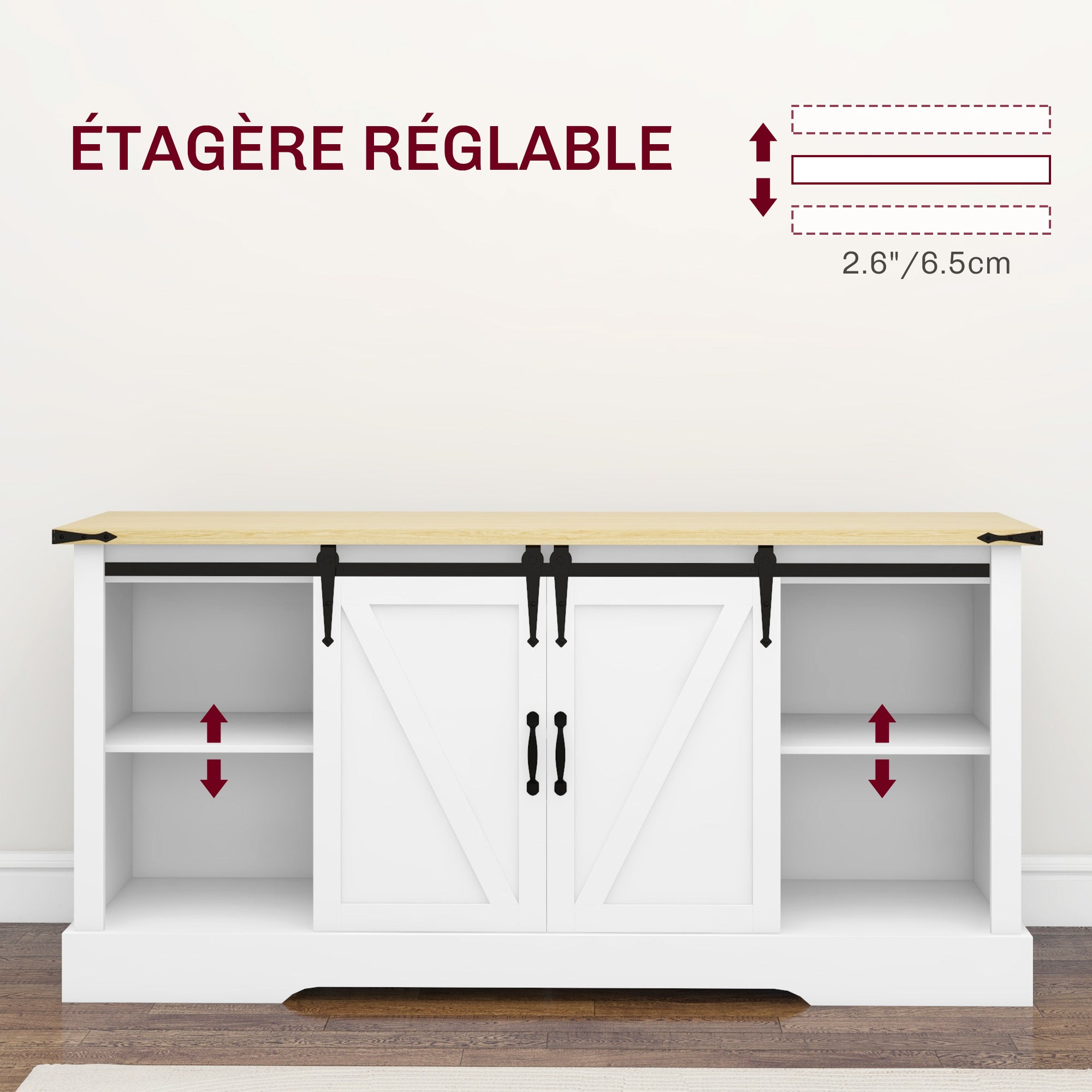 Sideboard, storage cabinet, with 2 sliding doors adjustable shelves, for living room, dining room, hallway, 150L x 40W x 72H cm, in wood, white oak