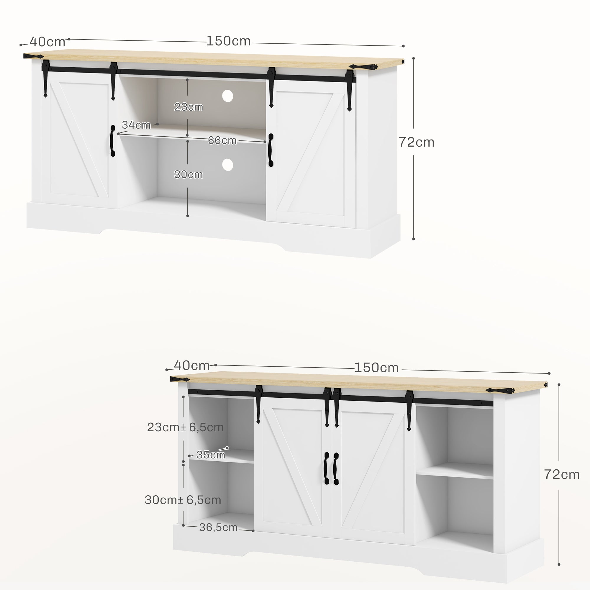 Sideboard, storage cabinet, with 2 sliding doors adjustable shelves, for living room, dining room, hallway, 150L x 40W x 72H cm, in wood, white oak