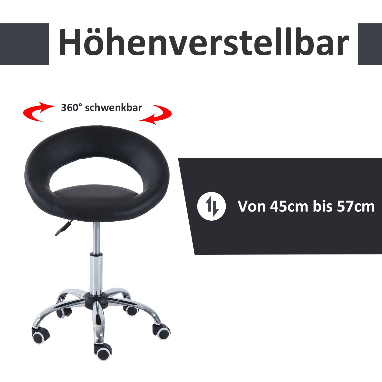 Rolling Stool Work Stool Swivel Stool Office Chair Adjustable Height, PU+Metal, Black, 50 x 54 x (66-78) cm
