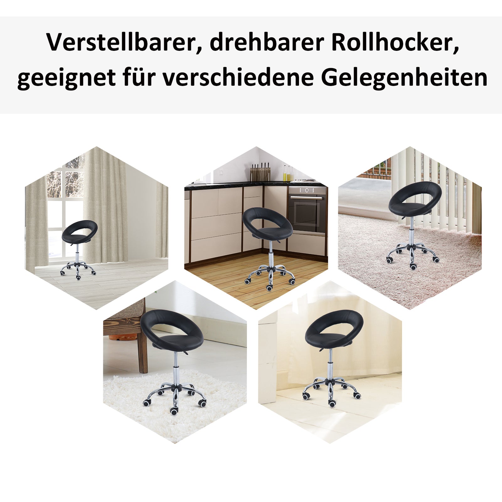 Rolling Stool Work Stool Swivel Stool Office Chair Adjustable Height, PU+Metal, Black, 50 x 54 x (66-78) cm