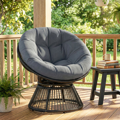 360° Swivel Papasan Chair — Round Polyrattan Lounger with Cushion, Steel Frame — Gray