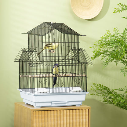 Metal and Plastic Bird Cage with Handle and Removable Tray, 50.5x41x63 cm, White