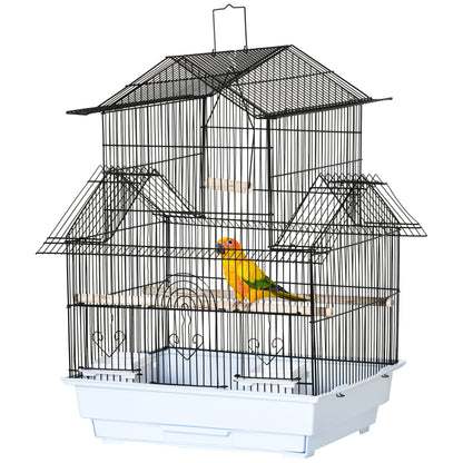 Metal and Plastic Bird Cage with Handle and Removable Tray, 50.5x41x63 cm, White