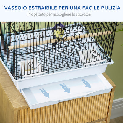 Metal and Plastic Bird Cage with Handle and Removable Tray, 50.5x41x63 cm, White