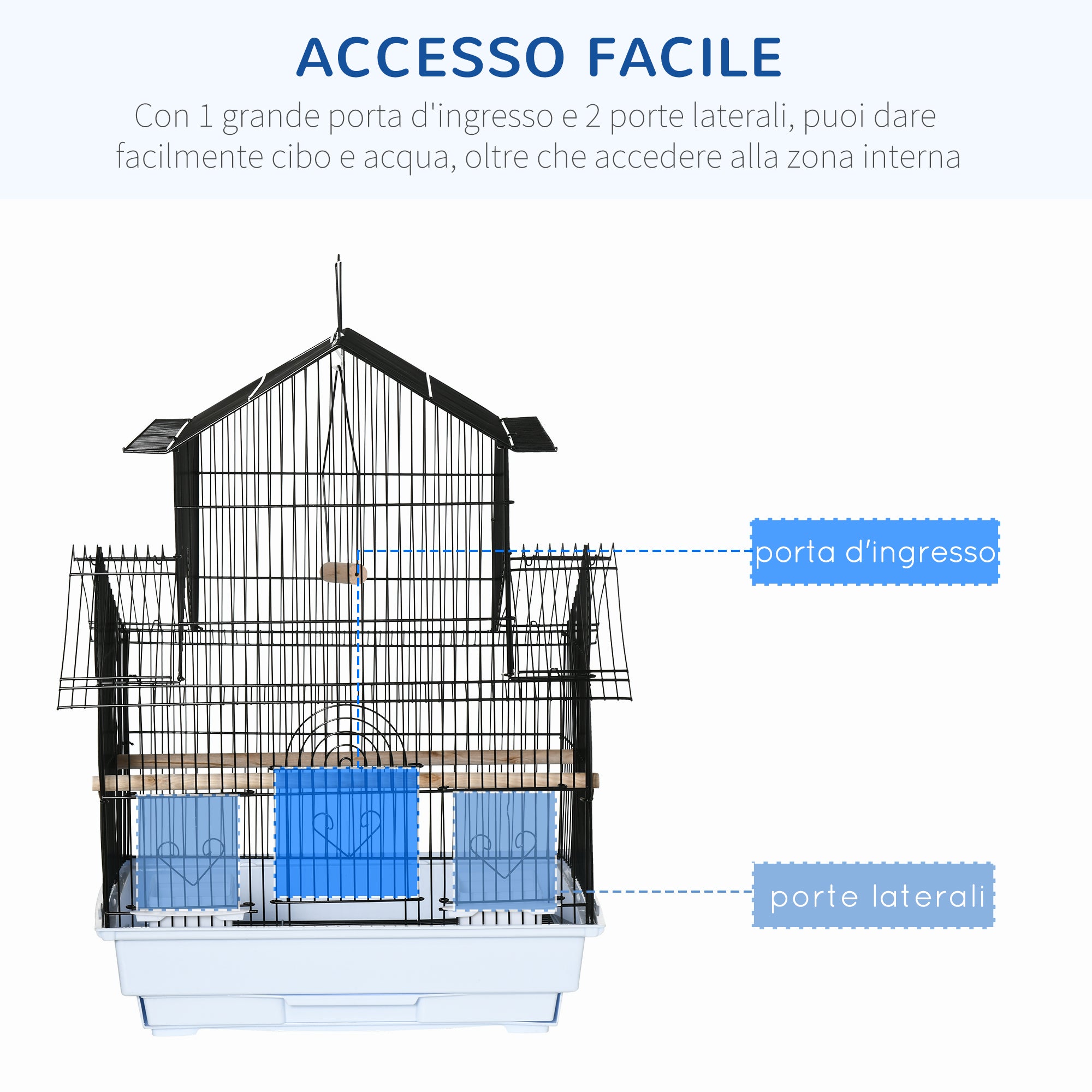 Metal and Plastic Bird Cage with Handle and Removable Tray, 50.5x41x63 cm, White