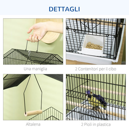 Metal and Plastic Bird Cage with Handle and Removable Tray, 50.5x41x63 cm, White