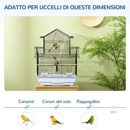 Metal and Plastic Bird Cage with Handle and Removable Tray, 50.5x41x63 cm, White