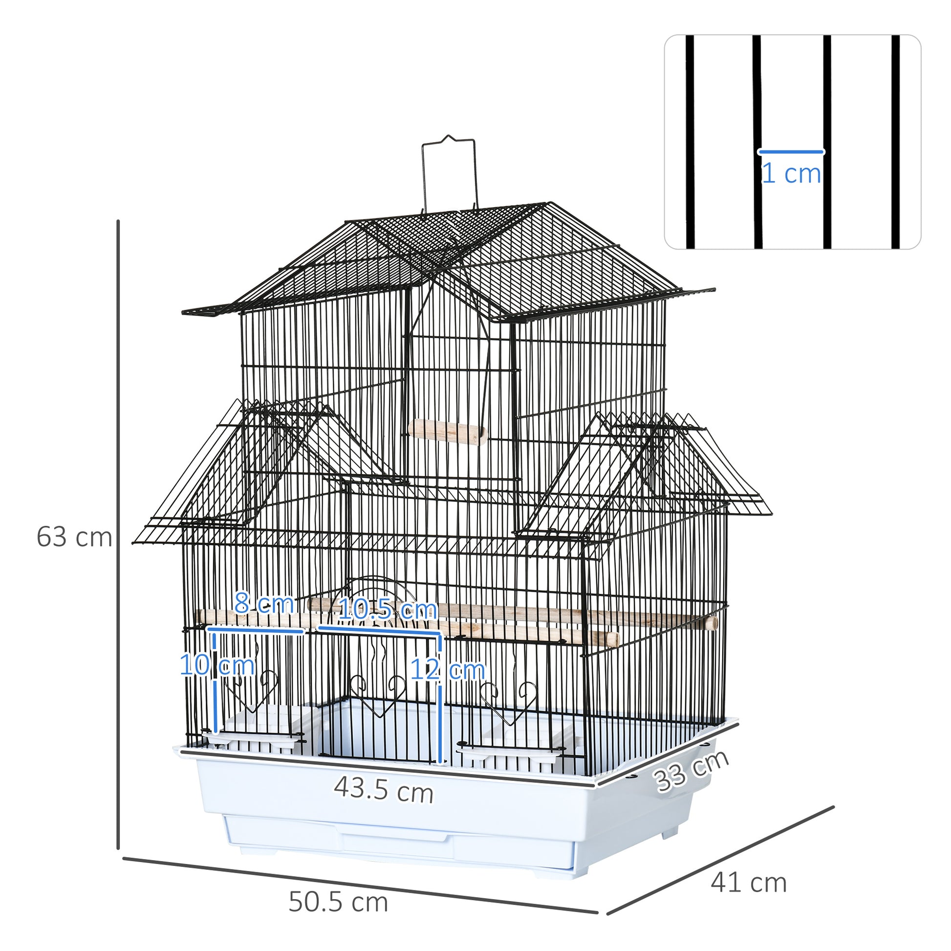 Metal and Plastic Bird Cage with Handle and Removable Tray, 50.5x41x63 cm, White