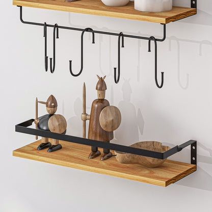 Set of 2 wall shelves in pine wood, 43 cm in length, with 6 removable steel hooks, industrial style, spice shelf, for kitchen, dining room, living room, natural and black