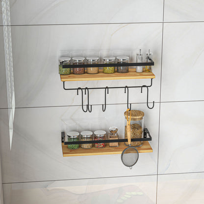 Set of 2 wall shelves in pine wood, 43 cm in length, with 6 removable steel hooks, industrial style, spice shelf, for kitchen, dining room, living room, natural and black