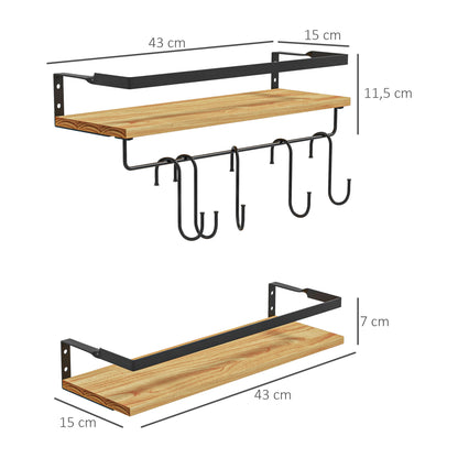 Set of 2 wall shelves in pine wood, 43 cm in length, with 6 removable steel hooks, industrial style, spice shelf, for kitchen, dining room, living room, natural and black