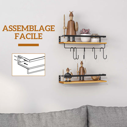 Set of 2 wall shelves in pine wood, 43 cm in length, with 6 removable steel hooks, industrial style, spice shelf, for kitchen, dining room, living room, natural and black