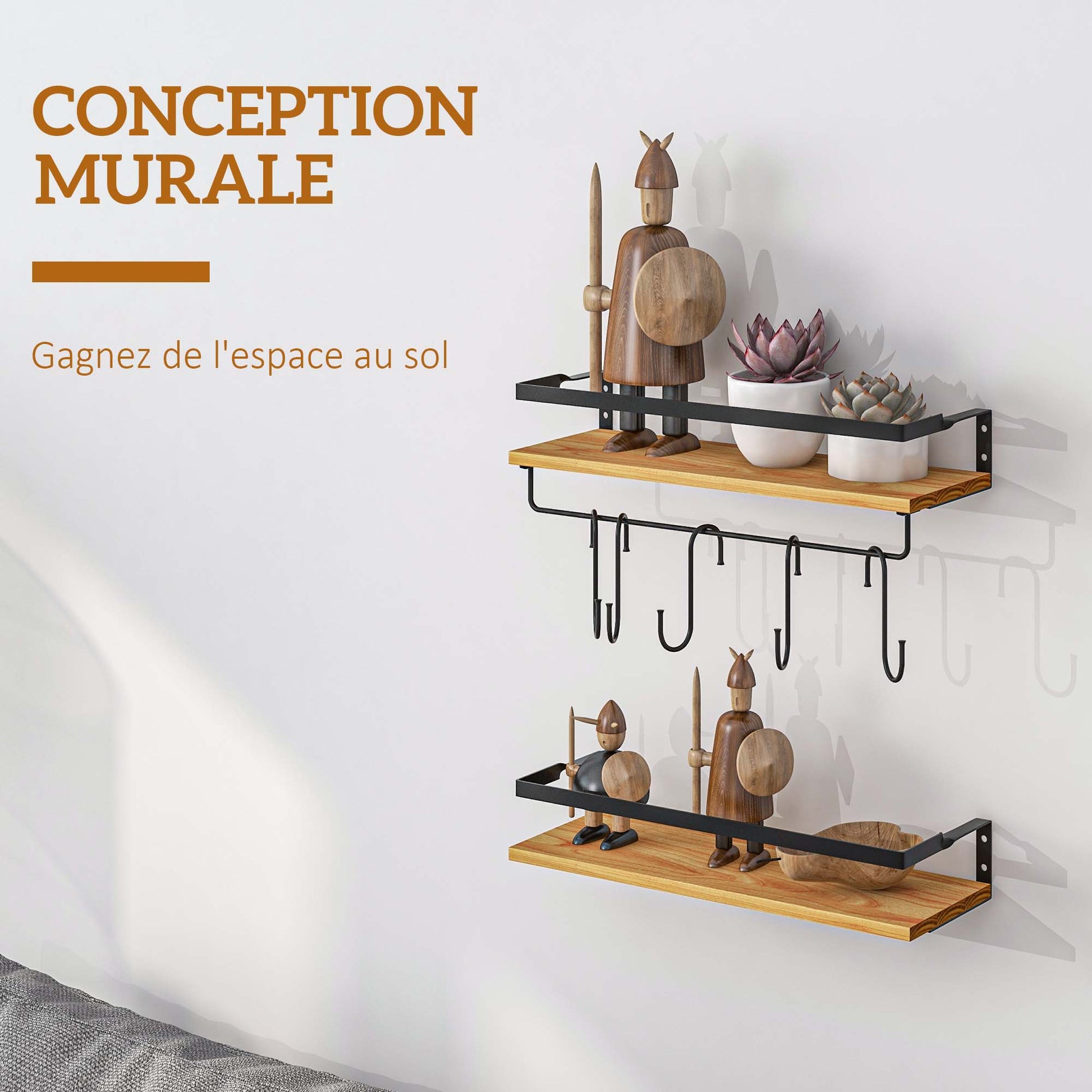 Set of 2 wall shelves in pine wood, 43 cm in length, with 6 removable steel hooks, industrial style, spice shelf, for kitchen, dining room, living room, natural and black
