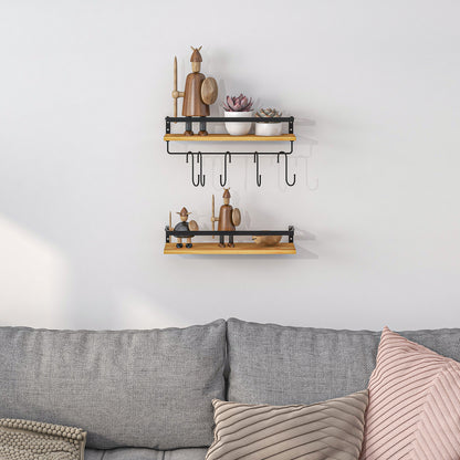 Set of 2 wall shelves in pine wood, 43 cm in length, with 6 removable steel hooks, industrial style, spice shelf, for kitchen, dining room, living room, natural and black