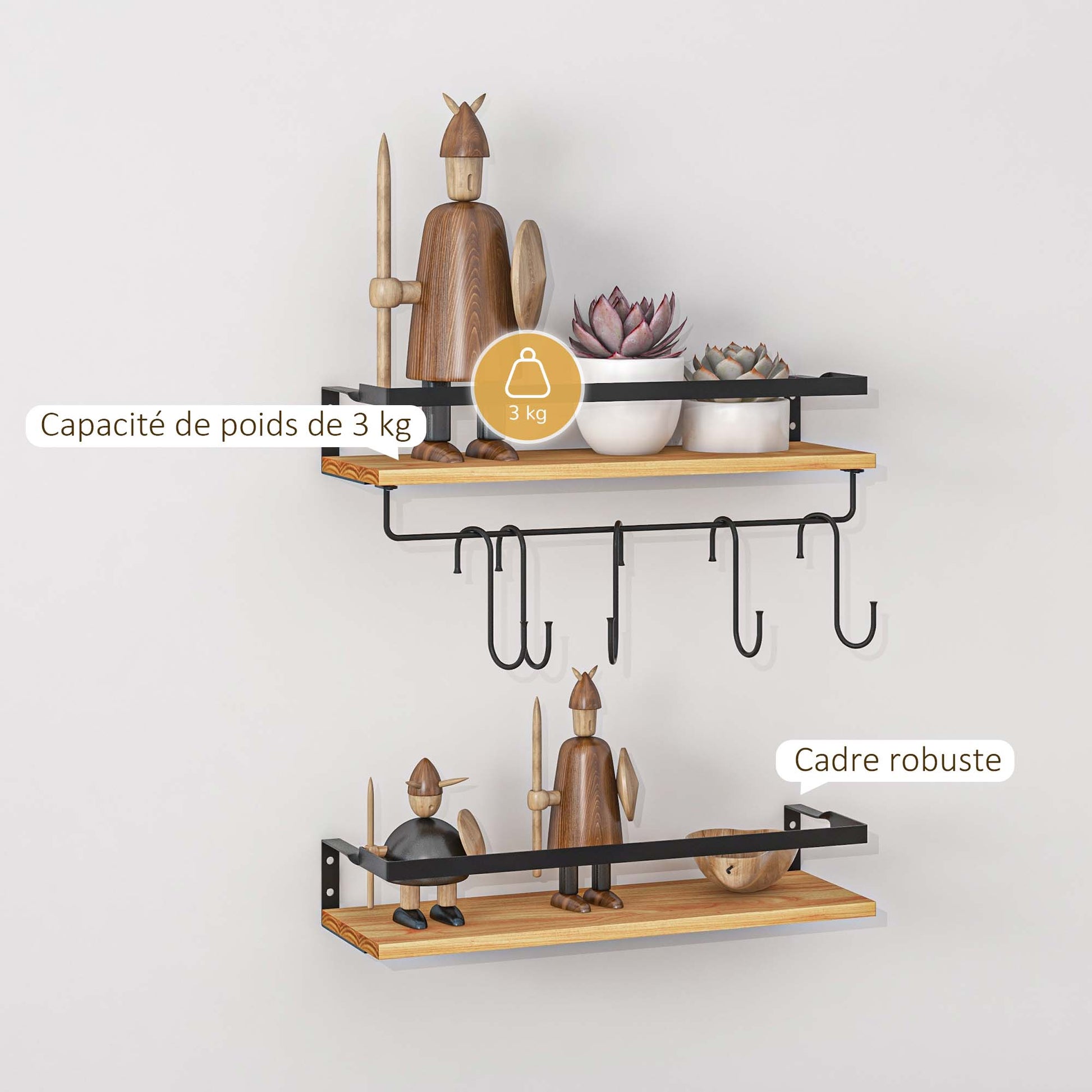 Set of 2 wall shelves in pine wood, 43 cm in length, with 6 removable steel hooks, industrial style, spice shelf, for kitchen, dining room, living room, natural and black
