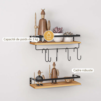 Set of 2 wall shelves in pine wood, 43 cm in length, with 6 removable steel hooks, industrial style, spice shelf, for kitchen, dining room, living room, natural and black