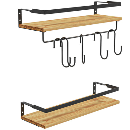 Set of 2 wall shelves in pine wood, 43 cm in length, with 6 removable steel hooks, industrial style, spice shelf, for kitchen, dining room, living room, natural and black
