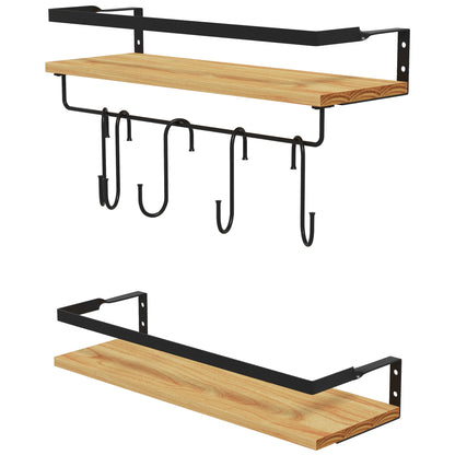 Set of 2 wall shelves in pine wood, 43 cm in length, with 6 removable steel hooks, industrial style, spice shelf, for kitchen, dining room, living room, natural and black