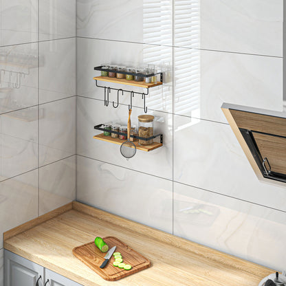 Set of 2 wall shelves in pine wood, 43 cm in length, with 6 removable steel hooks, industrial style, spice shelf, for kitchen, dining room, living room, natural and black