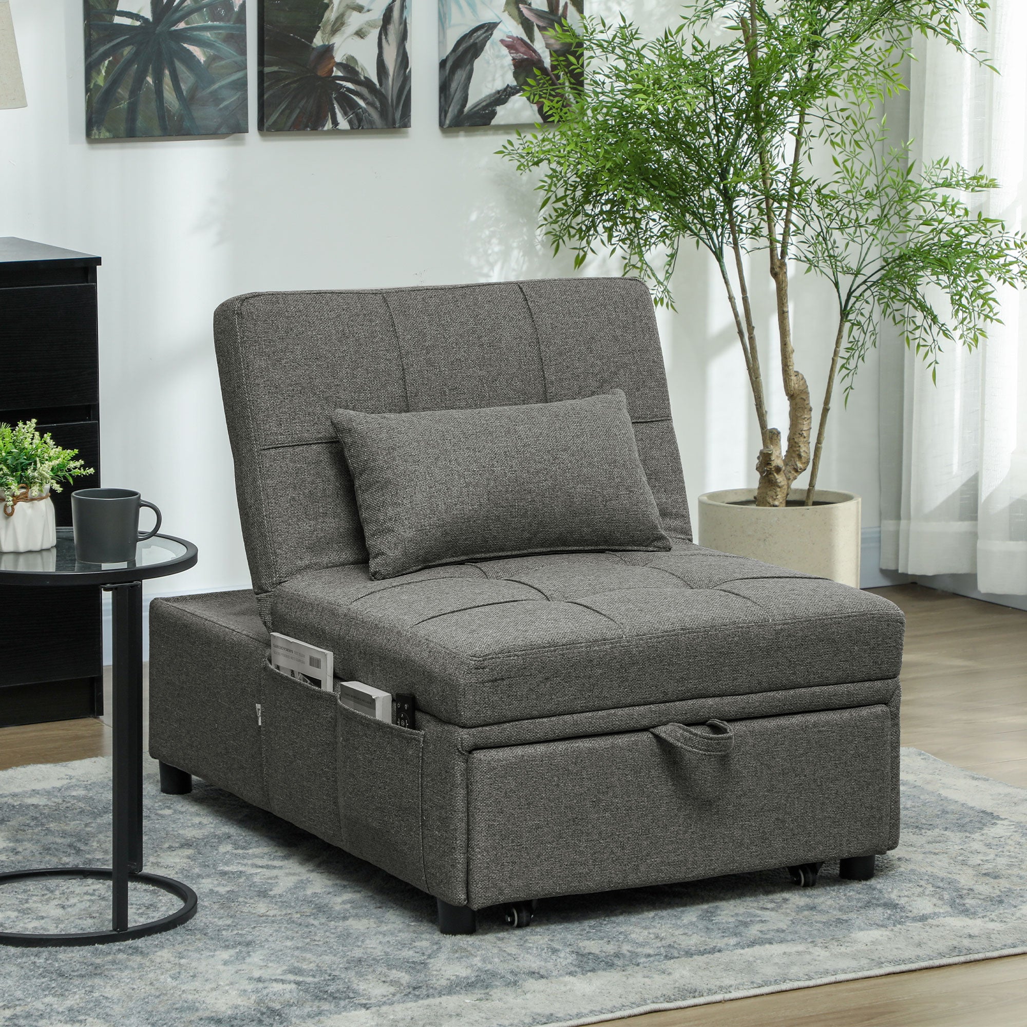 Single Sofa Bed 4 in 1 Convertible into Chaise Longue and Footrest, Modern Armchair with Clic Clac System and Side Pockets for Living Room and Study, Dark Gray