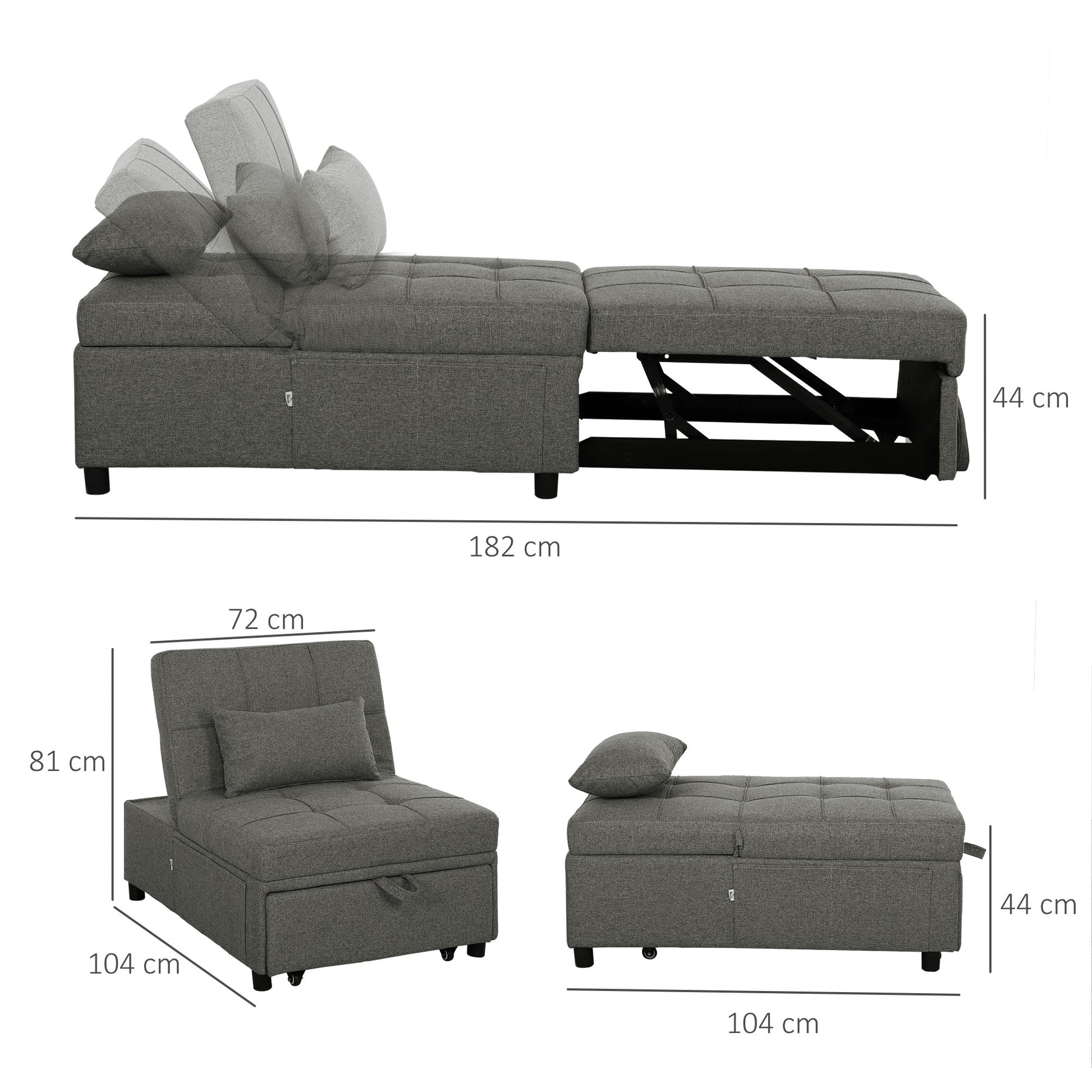 Single Sofa Bed 4 in 1 Convertible into Chaise Longue and Footrest, Modern Armchair with Clic Clac System and Side Pockets for Living Room and Study, Dark Gray