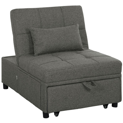 Single Sofa Bed 4 in 1 Convertible into Chaise Longue and Footrest, Modern Armchair with Clic Clac System and Side Pockets for Living Room and Study, Dark Gray