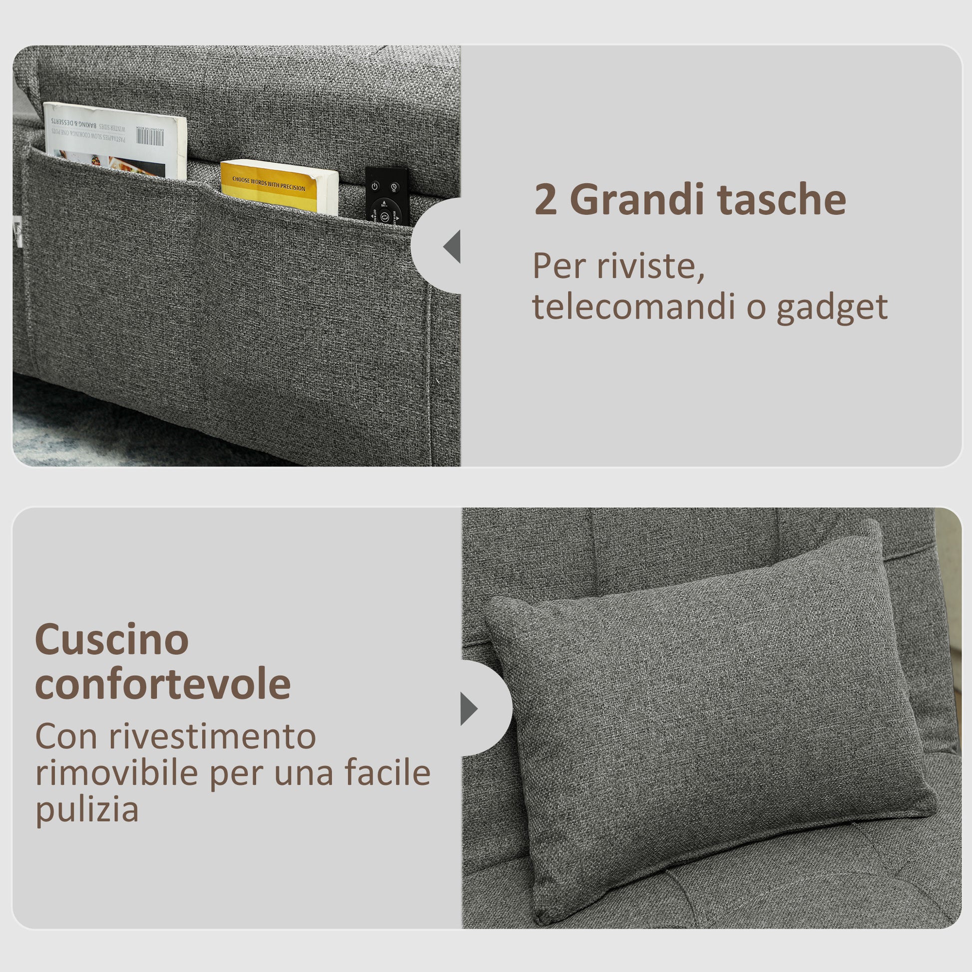 Single Sofa Bed 4 in 1 Convertible into Chaise Longue and Footrest, Modern Armchair with Clic Clac System and Side Pockets for Living Room and Study, Dark Gray