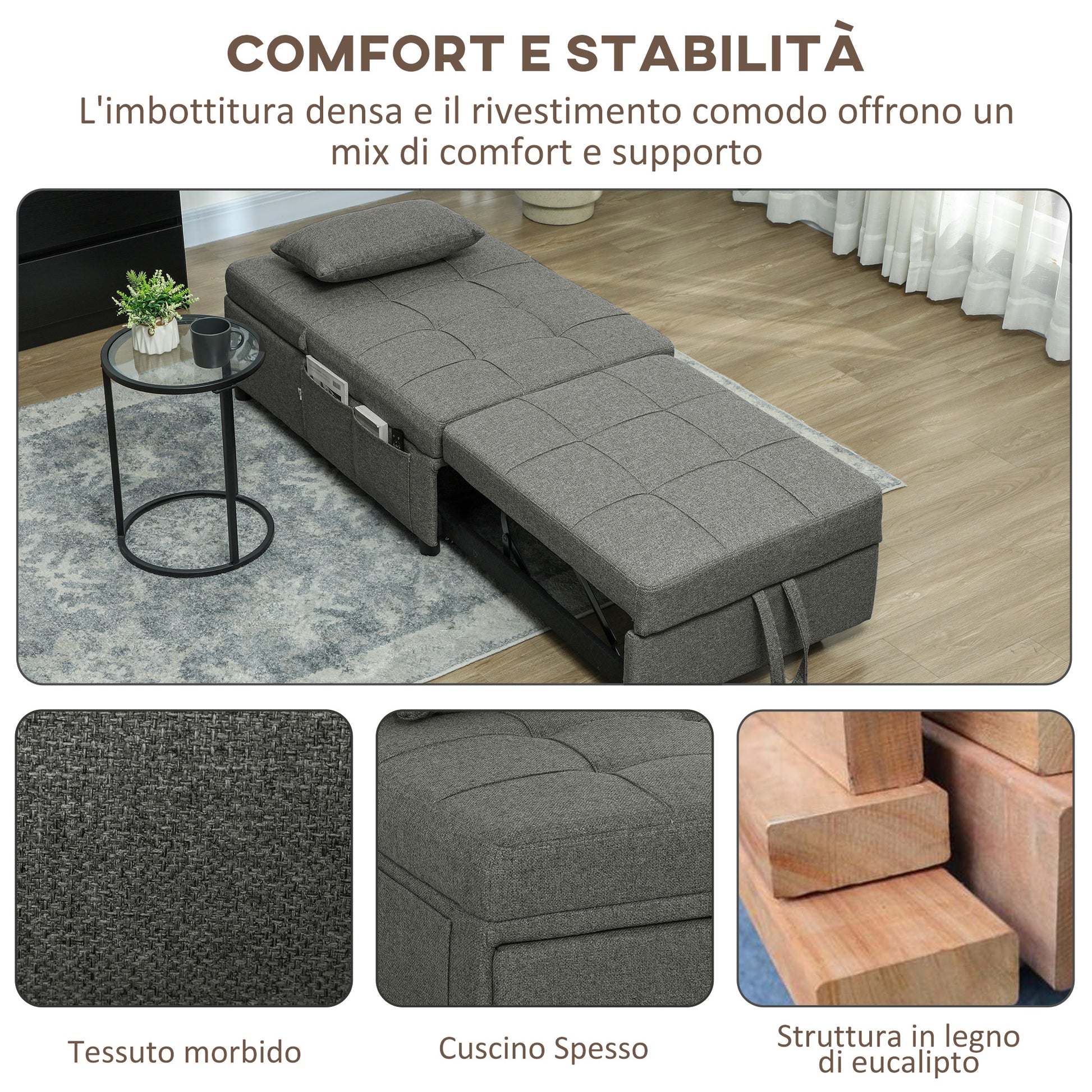Single Sofa Bed 4 in 1 Convertible into Chaise Longue and Footrest, Modern Armchair with Clic Clac System and Side Pockets for Living Room and Study, Dark Gray