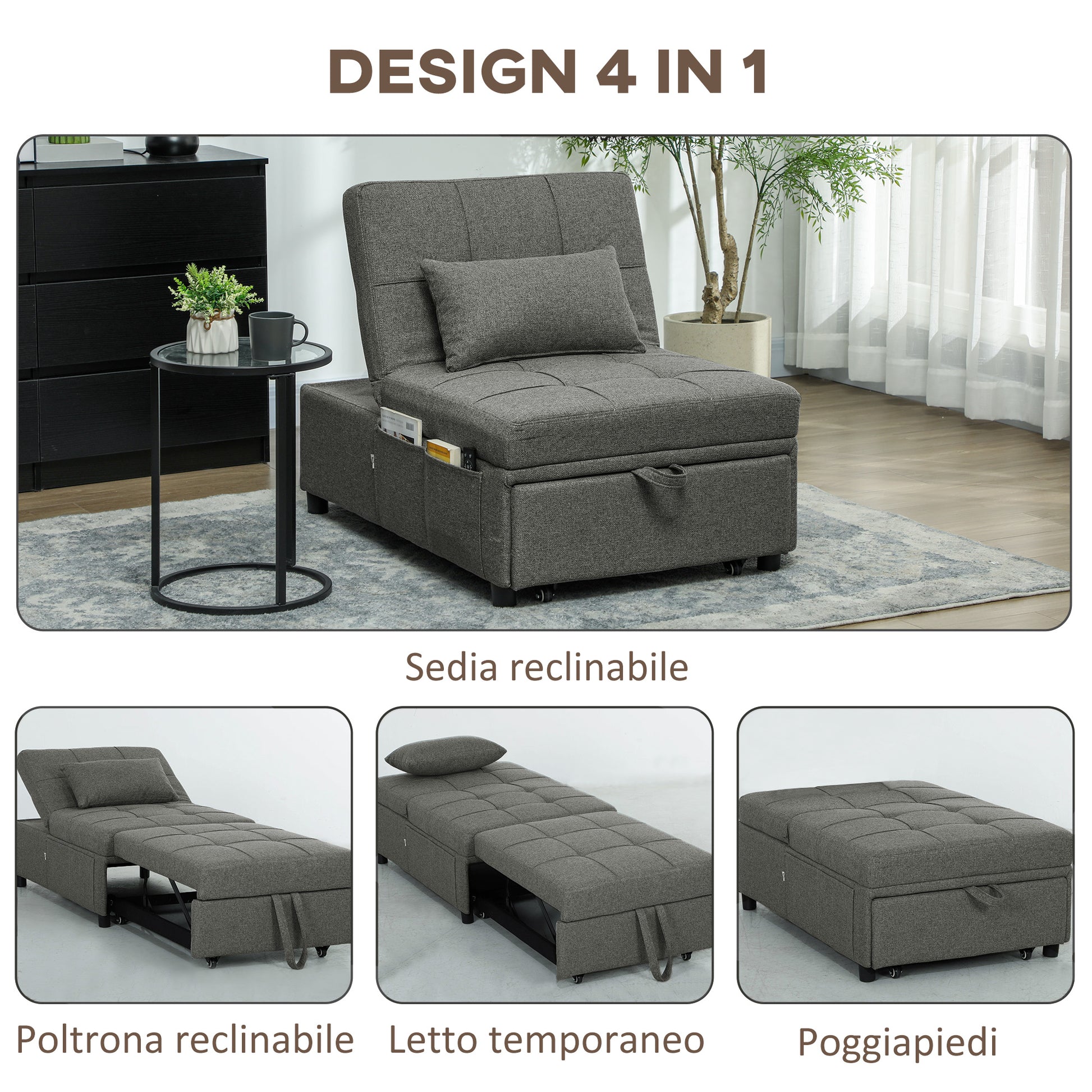 Single Sofa Bed 4 in 1 Convertible into Chaise Longue and Footrest, Modern Armchair with Clic Clac System and Side Pockets for Living Room and Study, Dark Gray