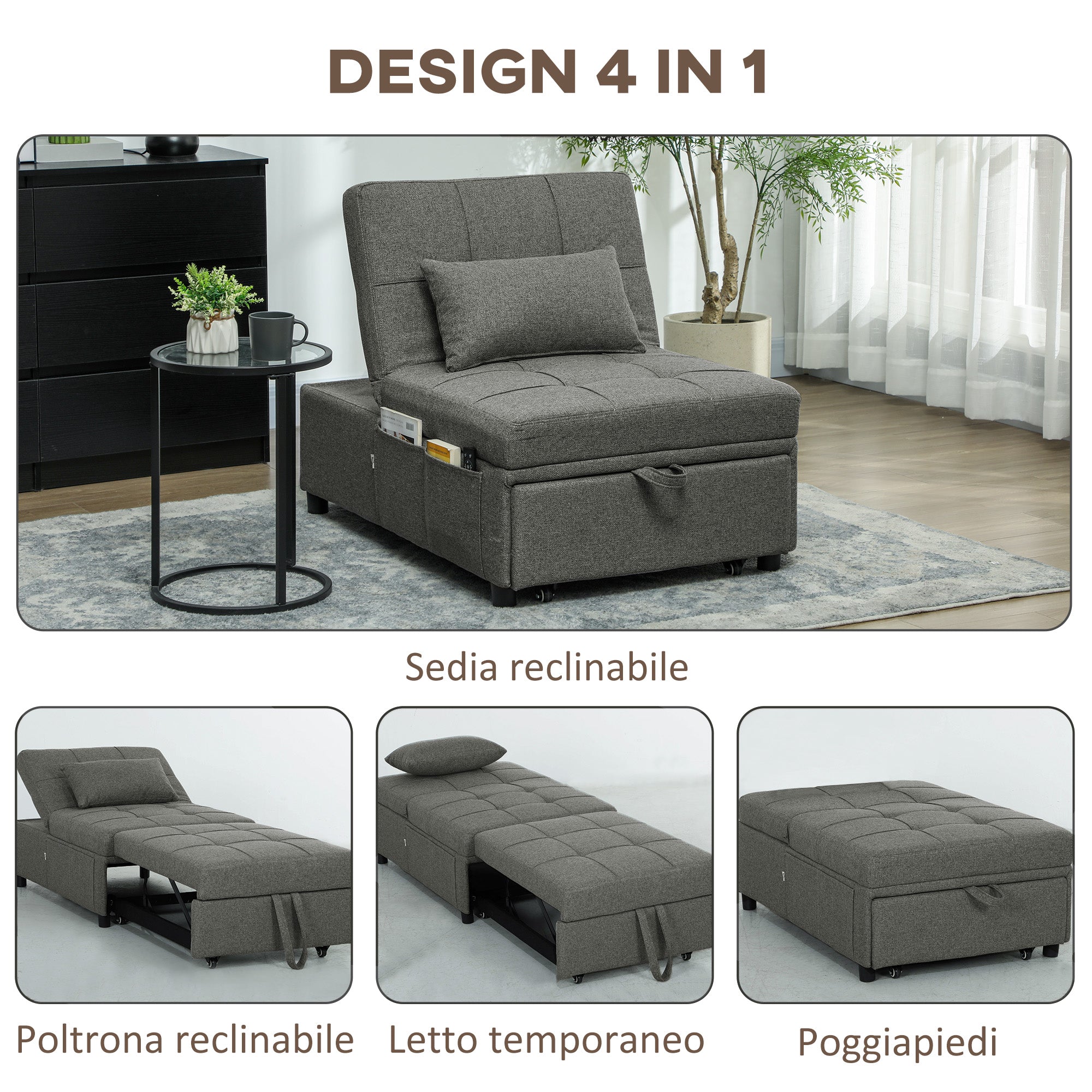 Single Sofa Bed 4 in 1 Convertible into Chaise Longue and Footrest, Modern Armchair with Clic Clac System and Side Pockets for Living Room and Study, Dark Gray