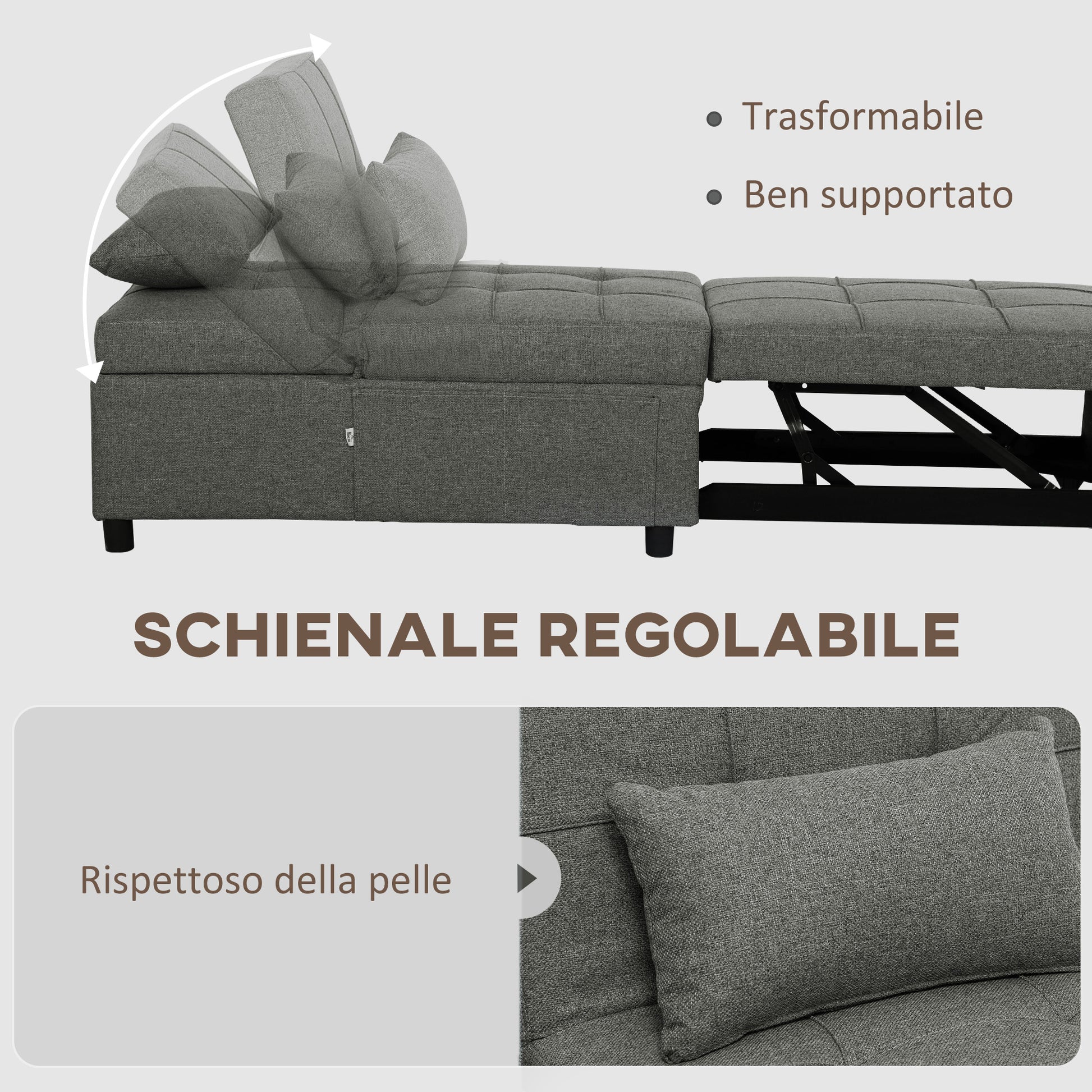 Single Sofa Bed 4 in 1 Convertible into Chaise Longue and Footrest, Modern Armchair with Clic Clac System and Side Pockets for Living Room and Study, Dark Gray