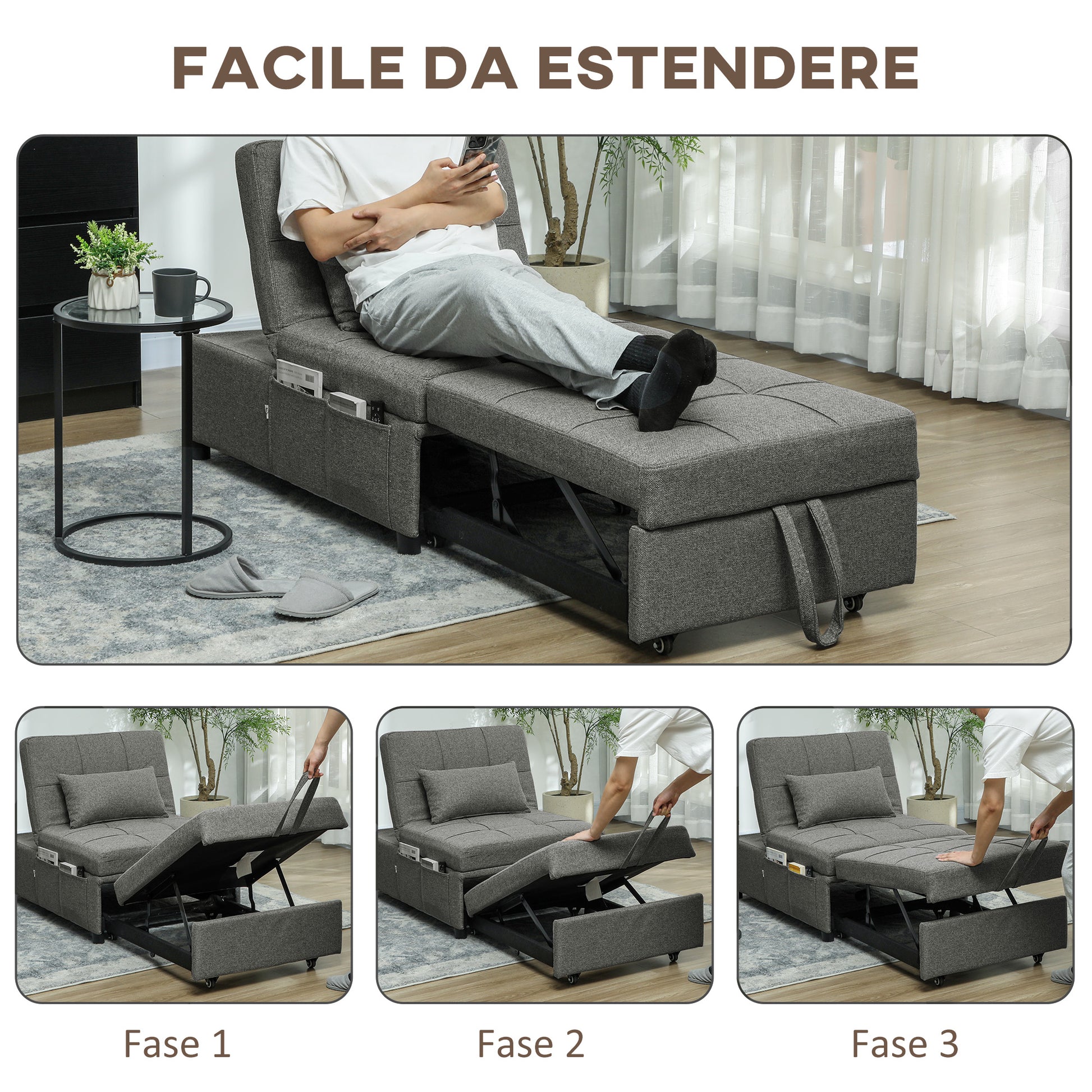 Single Sofa Bed 4 in 1 Convertible into Chaise Longue and Footrest, Modern Armchair with Clic Clac System and Side Pockets for Living Room and Study, Dark Gray