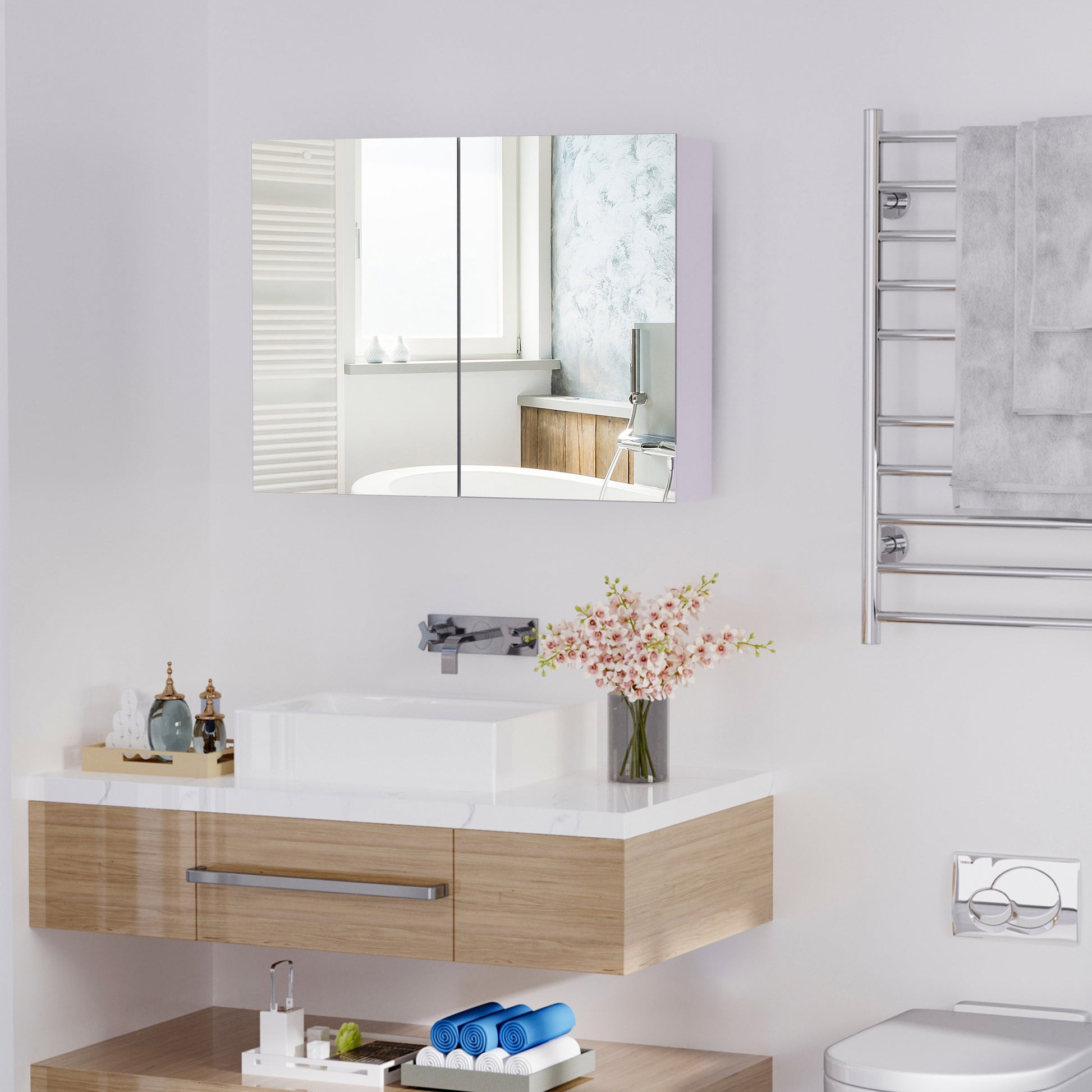 Bathroom Cabinet with Mirror 2-Door Cabinet with 3 Interior Shelves Modern Style for Bedroom Living Room 80x15x60 cm Light Purple