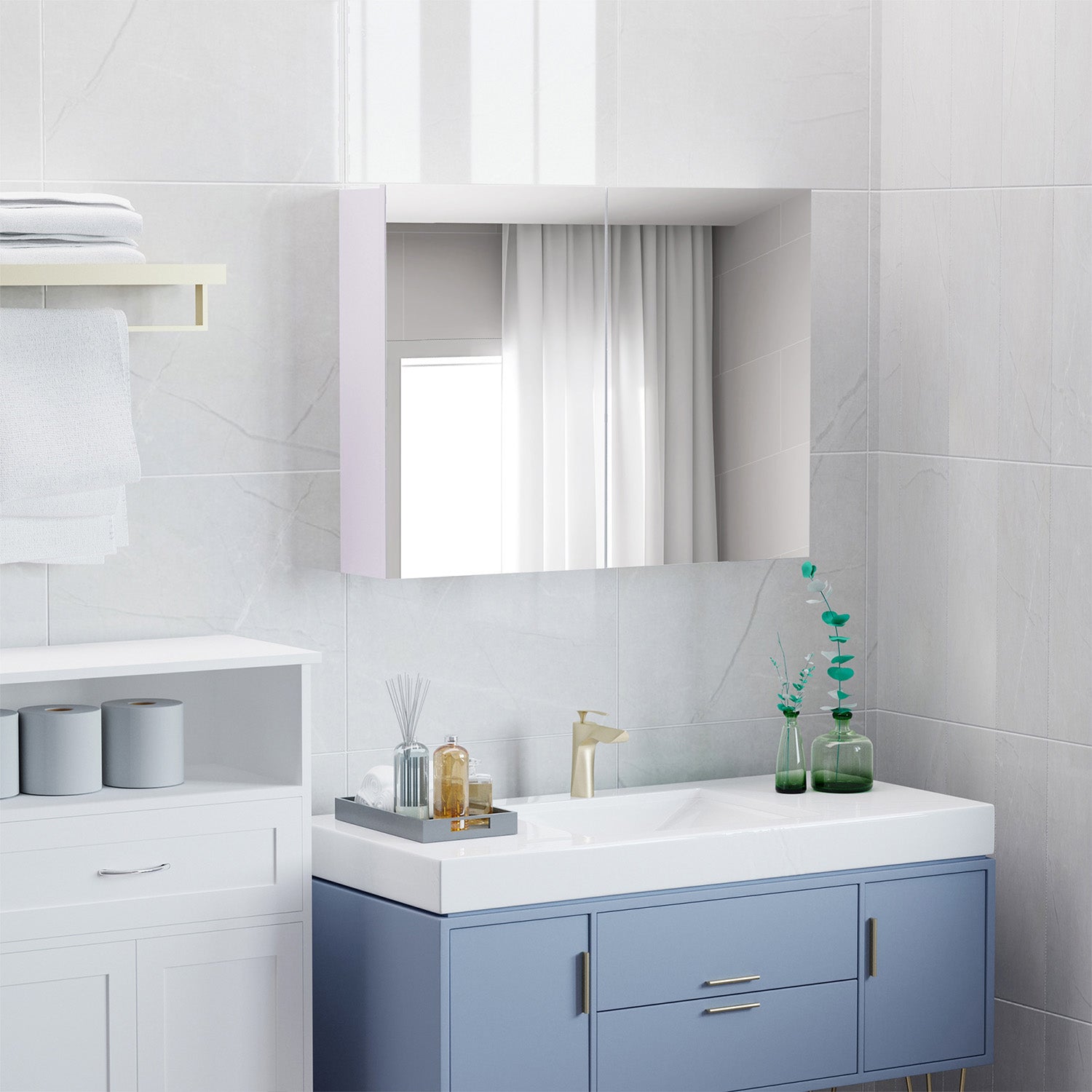 Bathroom Cabinet with Mirror 2-Door Cabinet with 3 Interior Shelves Modern Style for Bedroom Living Room 80x15x60 cm Light Purple