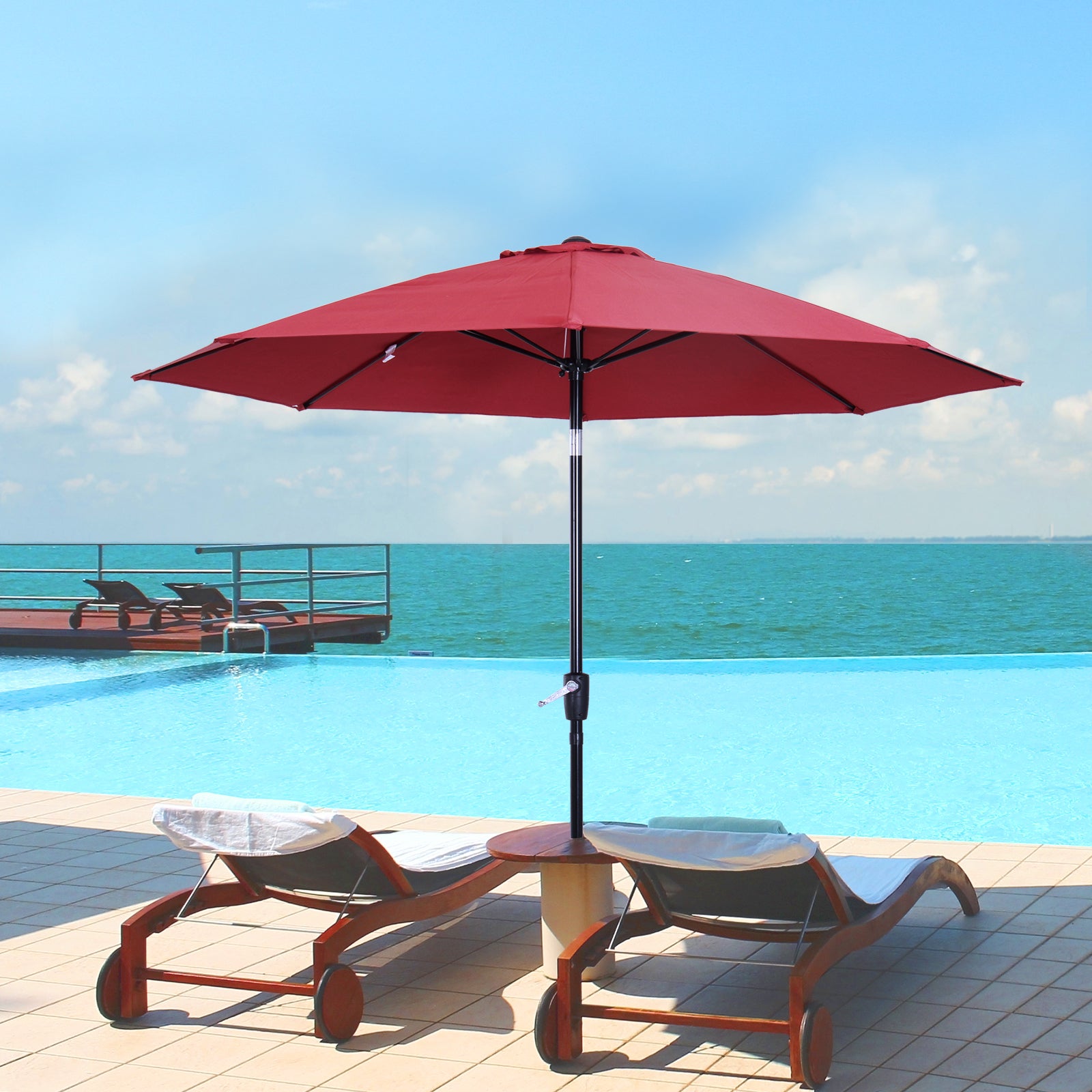 Garden Parasol 2.65x2.65m Tilted in 3 Angles with Crank, Outdoor Parasol with 8 Aluminum Ribs and 180g/㎡ Polyester Canopy, for Yard, Terrace, and Balcony, Red Wine
